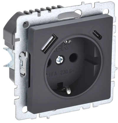BRITE Розетка 1-местная с заземлением с защитными шторками 16А с USB A+C 18Вт РЮш11-1-БрГ графит IEK BRITE Розетка 1-местная с заземлением с защитными шторками 16А с USB A+C 18Вт РЮш11-1-БрГ графит IEK