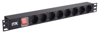 ITK PDU 8 розеток нем. стандарт, с LED выключателем,1U, без шнура, вх. C14, алюминиевый профиль ITK PDU 8 розеток нем. стандарт, с LED выключателем,1U, без шнура, вх. C14, алюминиевый профиль