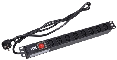 ITK PDU 8 розеток C13 с LED выключателем,1U, шнур 2м вилка нем.стандарт ITK PDU 8 розеток C13 с LED выключателем,1U, шнур 2м вилка нем.стандарт