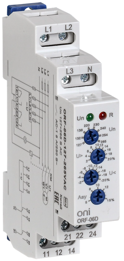 Реле контроля фаз ORF-06D 3 фазы 2 контакта 127-265В AC с контролем нейтрали ONI Реле контроля фаз ORF-06D 3 фазы 2 контакта 127-265В AC с контролем нейтрали ONI